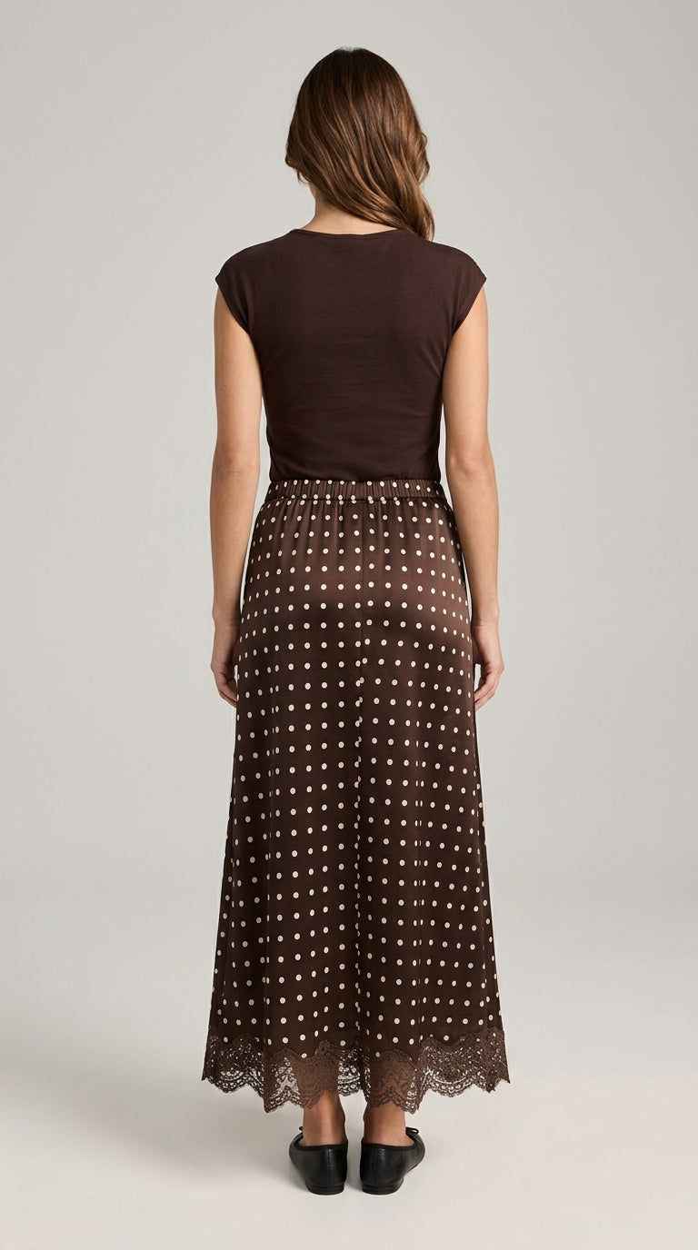 Polka Dot Satin Skirt with Lace Detail in Dark Brown - Elastic Waist Lace-Trim Maxi Skirt