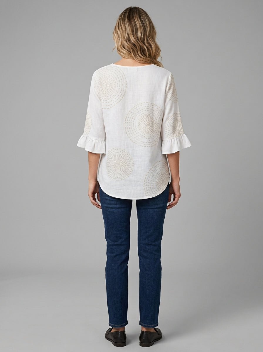 White Circle Print Wood Button Blouse - Ruffle Sleeve V-Neck Top
