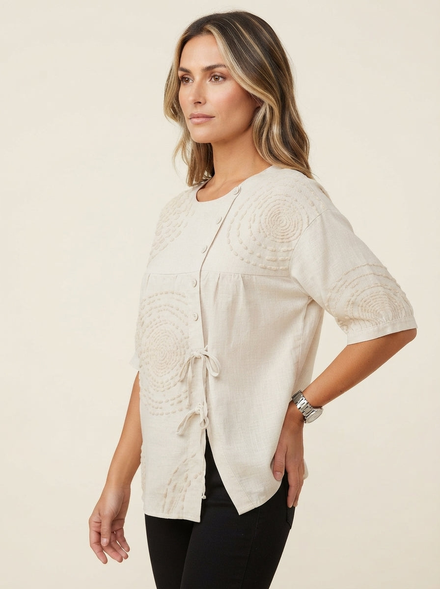 Cream Circle Print Blouse - Button Front Drawstring Hem Top