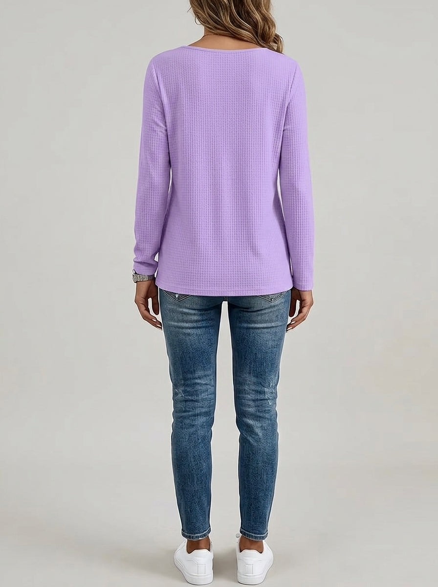 Lace Insert V-Neck Long Sleeve Top - Purple Scalloped Crochet Trim Blouse