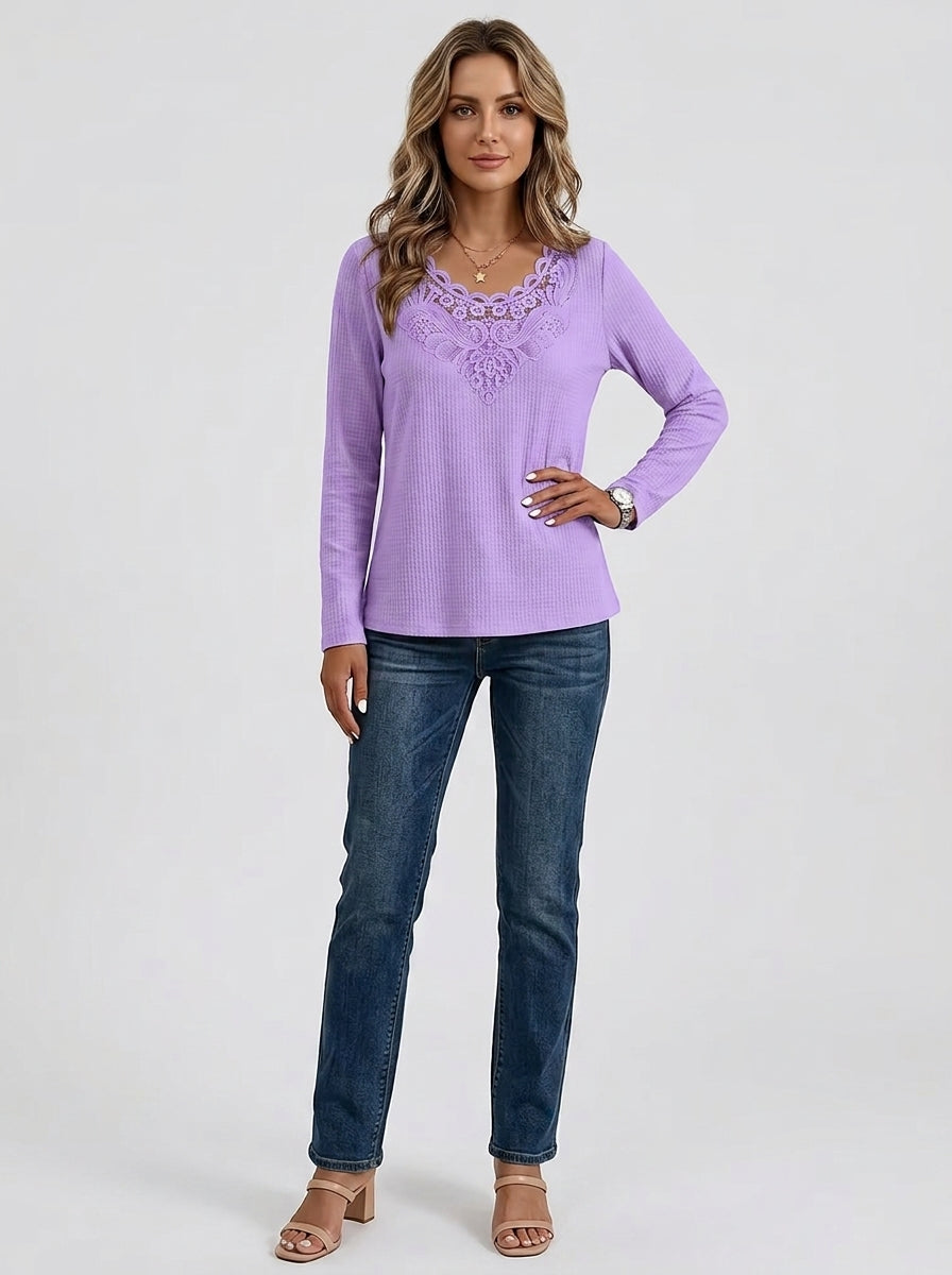Lace Insert V-Neck Long Sleeve Top - Purple Scalloped Crochet Trim Blouse