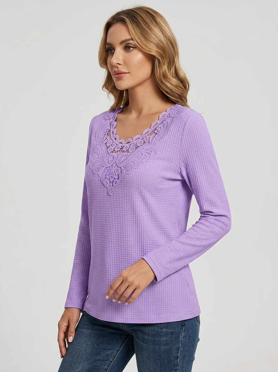 Lace Insert V-Neck Long Sleeve Top - Purple Scalloped Crochet Trim Blouse