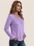 Lace Insert V-Neck Long Sleeve Top - Purple Scalloped Crochet Trim Blouse