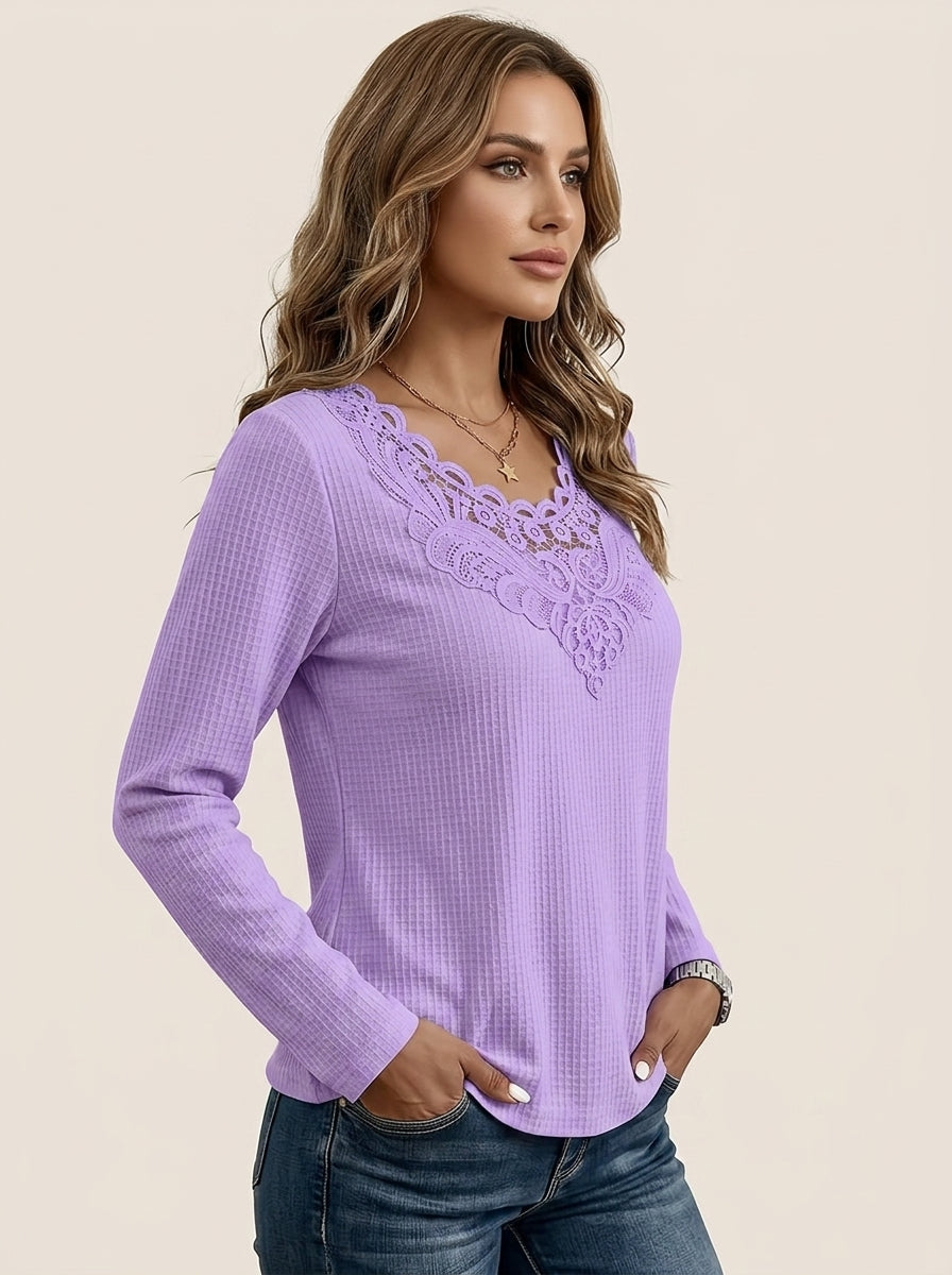 Lace Insert V-Neck Long Sleeve Top - Purple Scalloped Crochet Trim Blouse