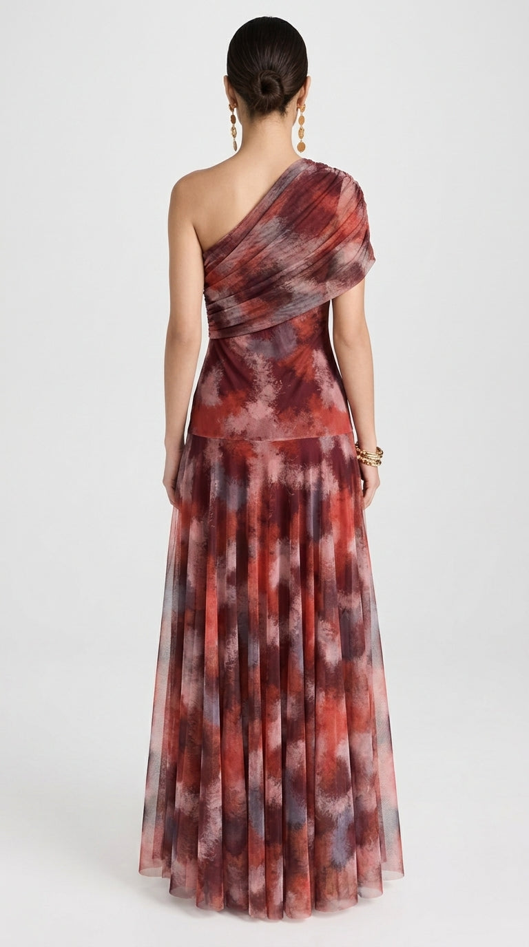 Toledo Dress Printed in Red - One-Shoulder Tie-Dye Maxi Dress