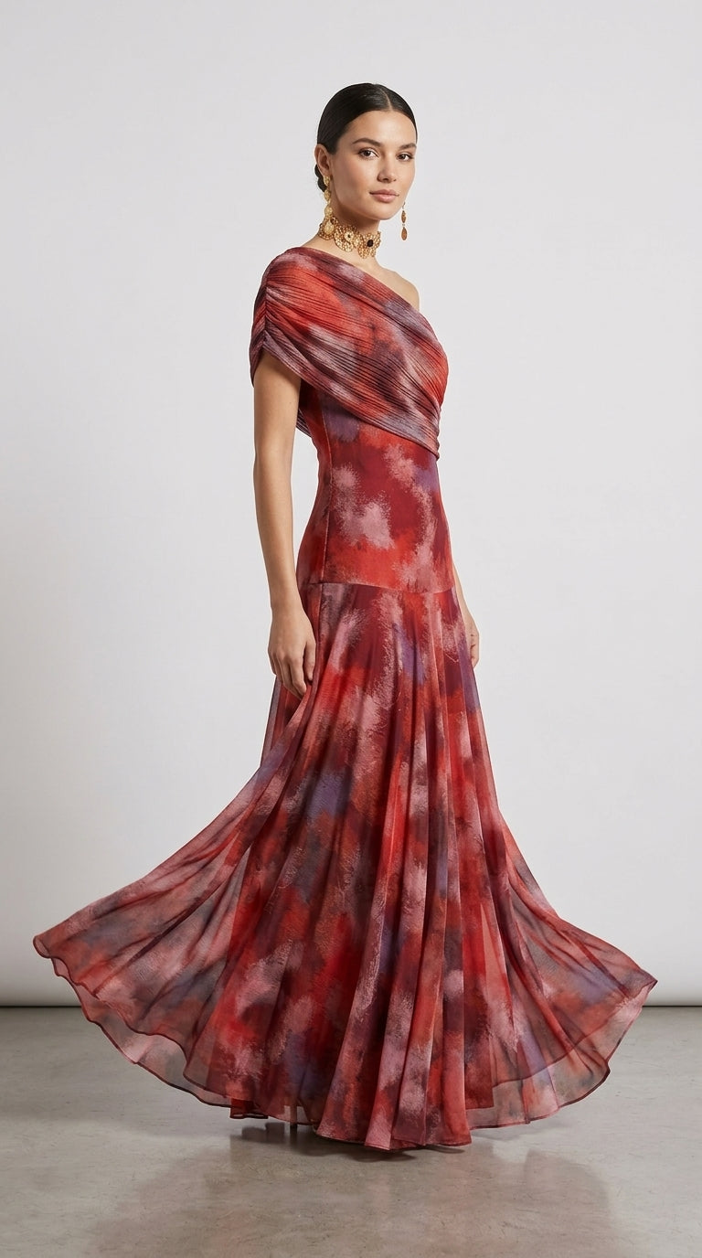 Toledo Dress Printed in Red - One-Shoulder Tie-Dye Maxi Dress