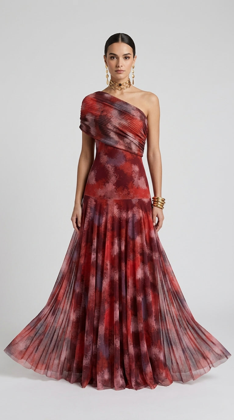 Toledo Dress Printed in Red - One-Shoulder Tie-Dye Maxi Dress