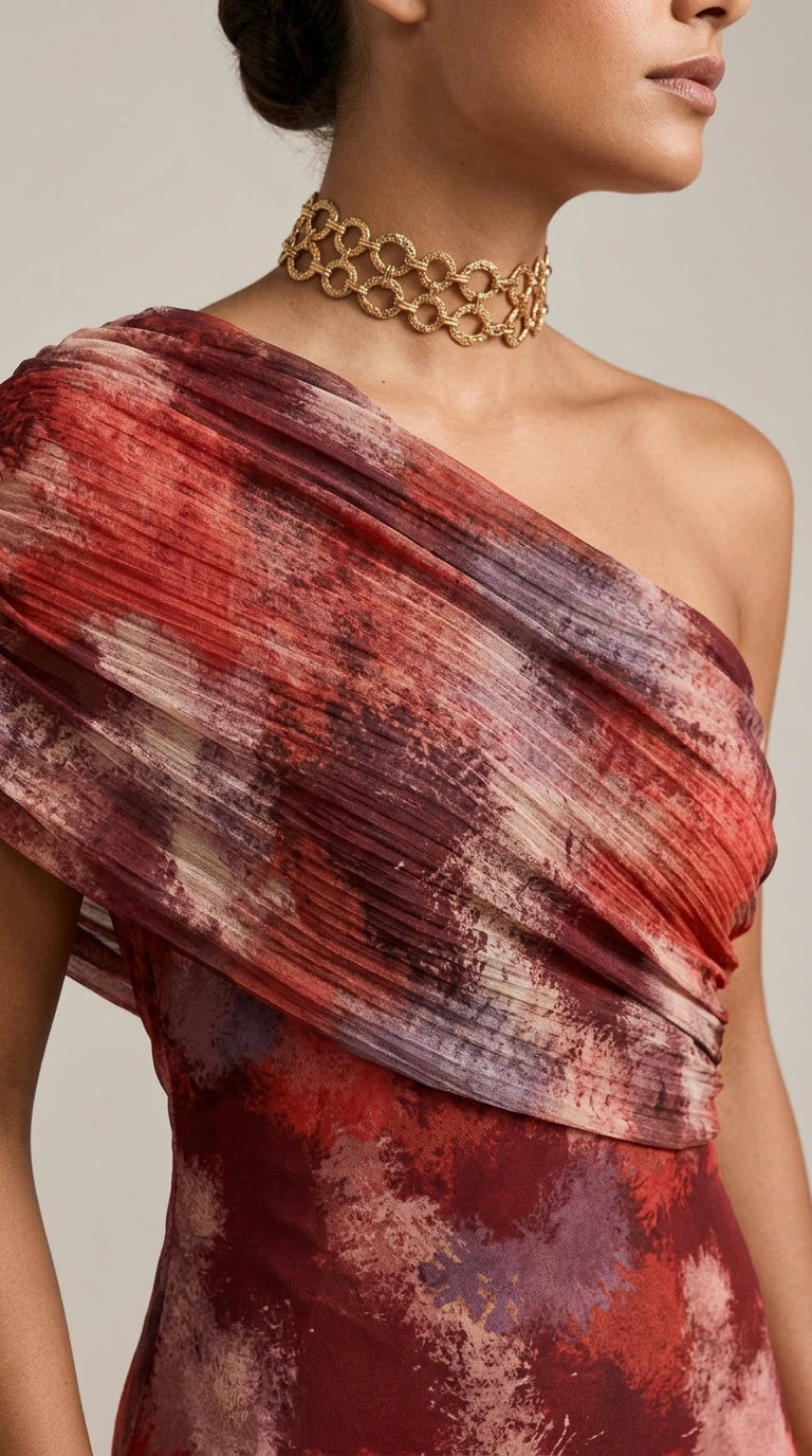 Toledo Dress Printed in Red - One-Shoulder Tie-Dye Maxi Dress