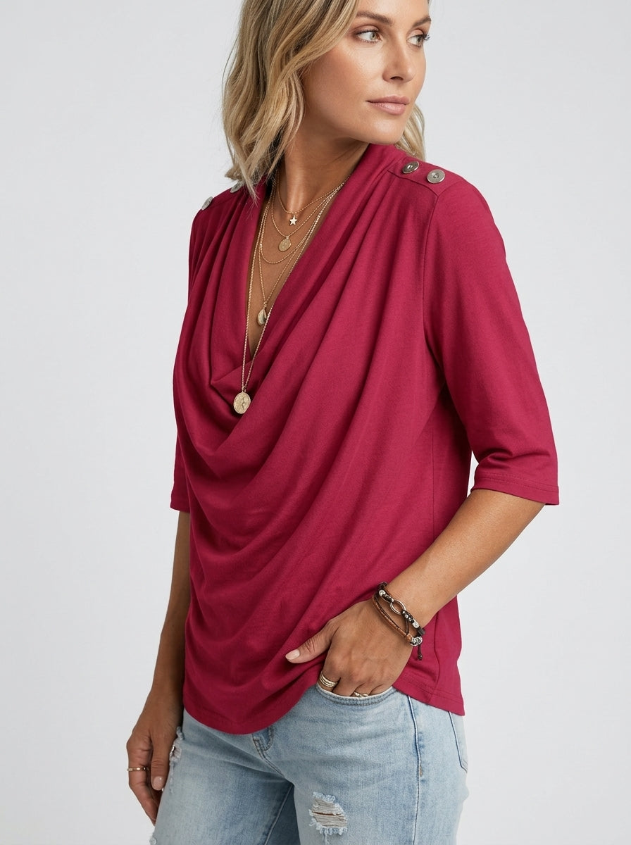 Elegant Cotton Blend Top - Red Cowl Neck Button-Shoulder Blouse