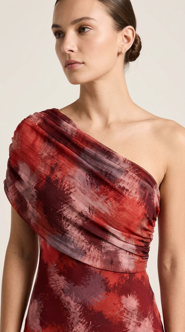 Toledo Dress Printed in Red - One-Shoulder Tie-Dye Maxi Dress