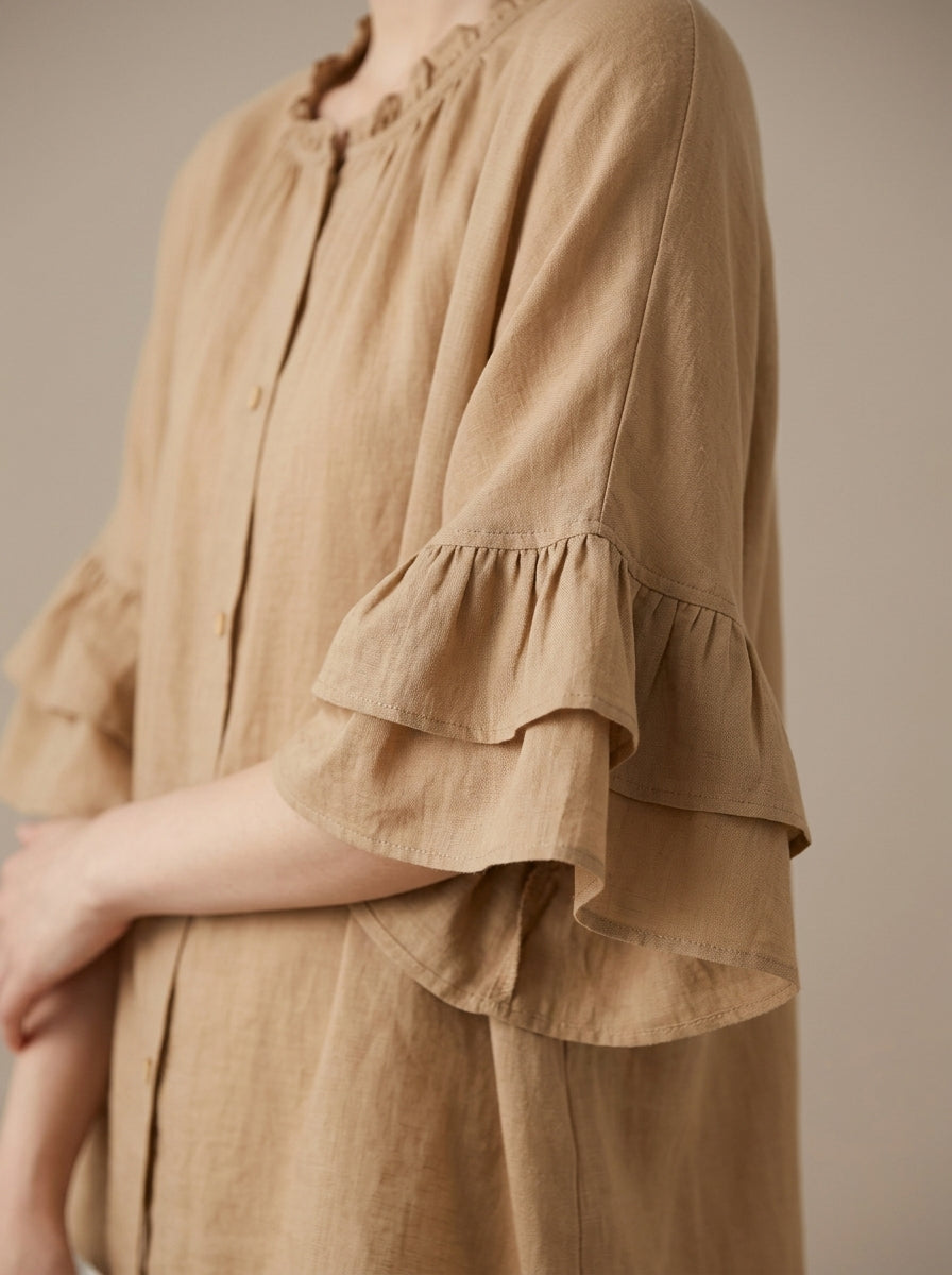 Retro Ruffled Blouse - Beige Round Neck Bell Sleeve Button-Up Top