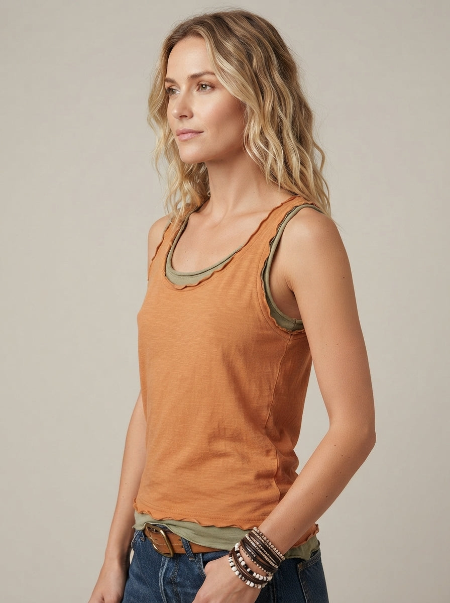 Rust Orange Tank Top - U-Neck Contrast Trim Sleeveless Cotton Top