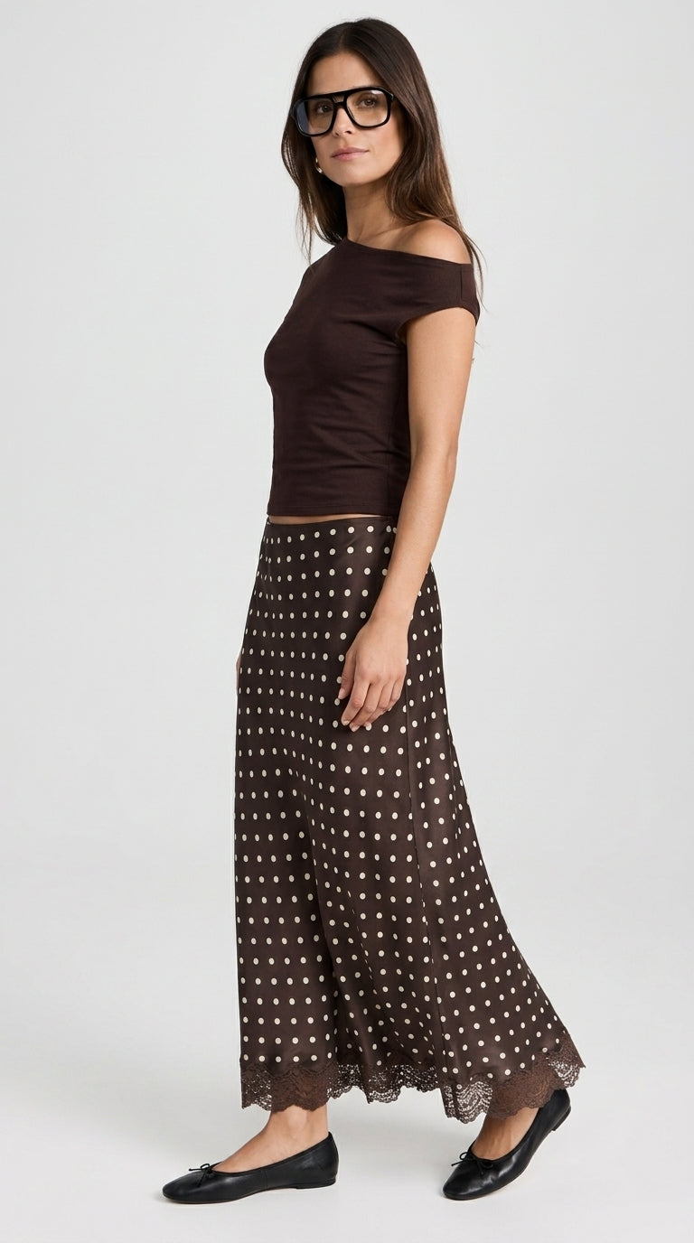 Polka Dot Satin Skirt with Lace Detail in Dark Brown - Elastic Waist Lace-Trim Maxi Skirt
