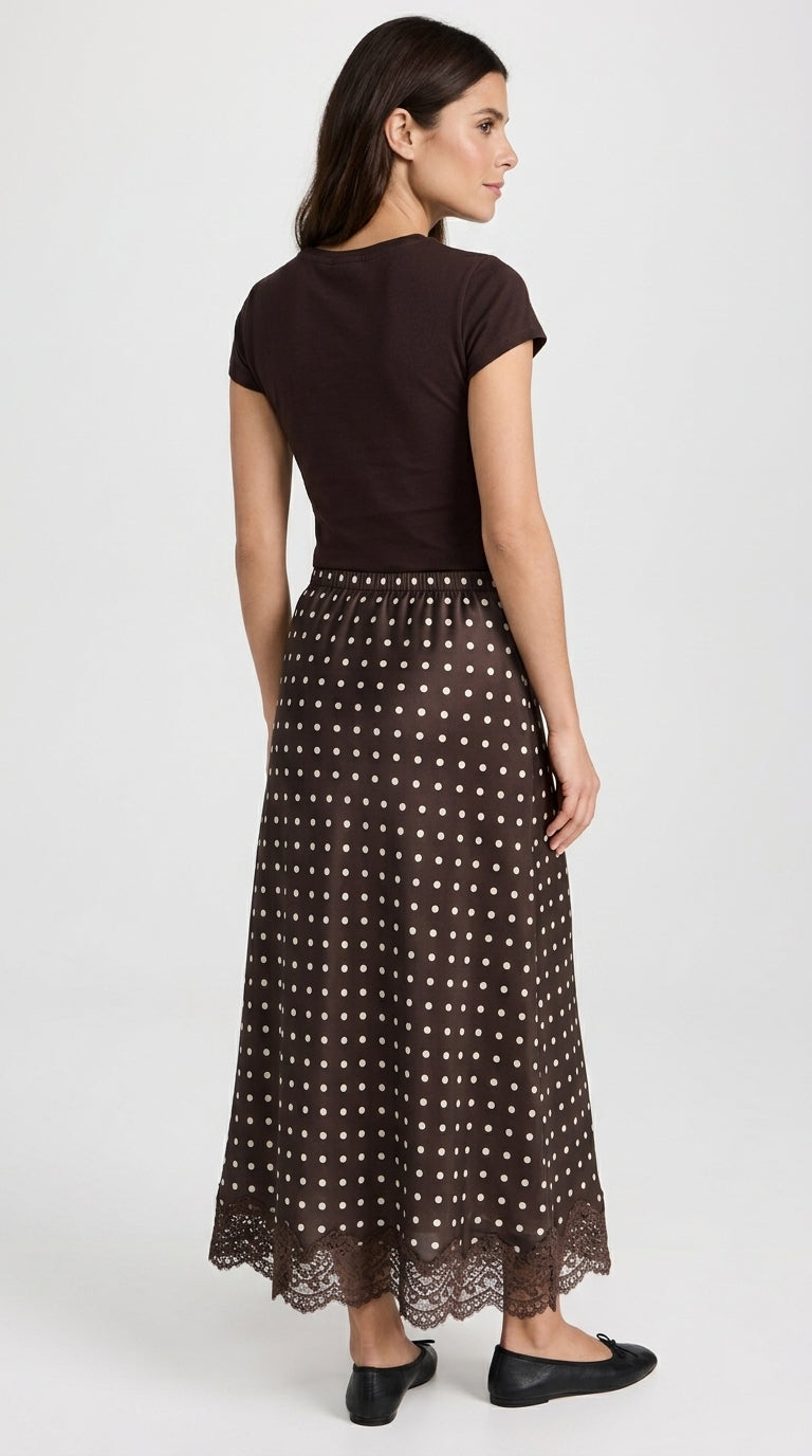 Polka Dot Satin Skirt with Lace Detail in Dark Brown - Elastic Waist Lace-Trim Maxi Skirt