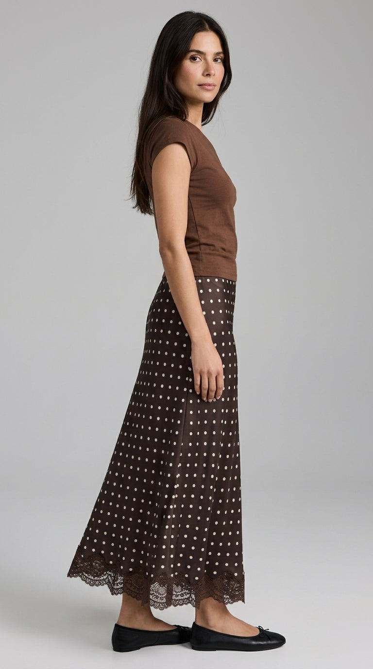 Polka Dot Satin Skirt with Lace Detail in Dark Brown - Elastic Waist Lace-Trim Maxi Skirt