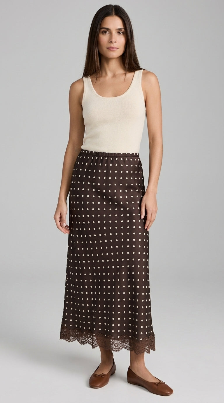 Polka Dot Satin Skirt with Lace Detail in Dark Brown - Elastic Waist Lace-Trim Maxi Skirt