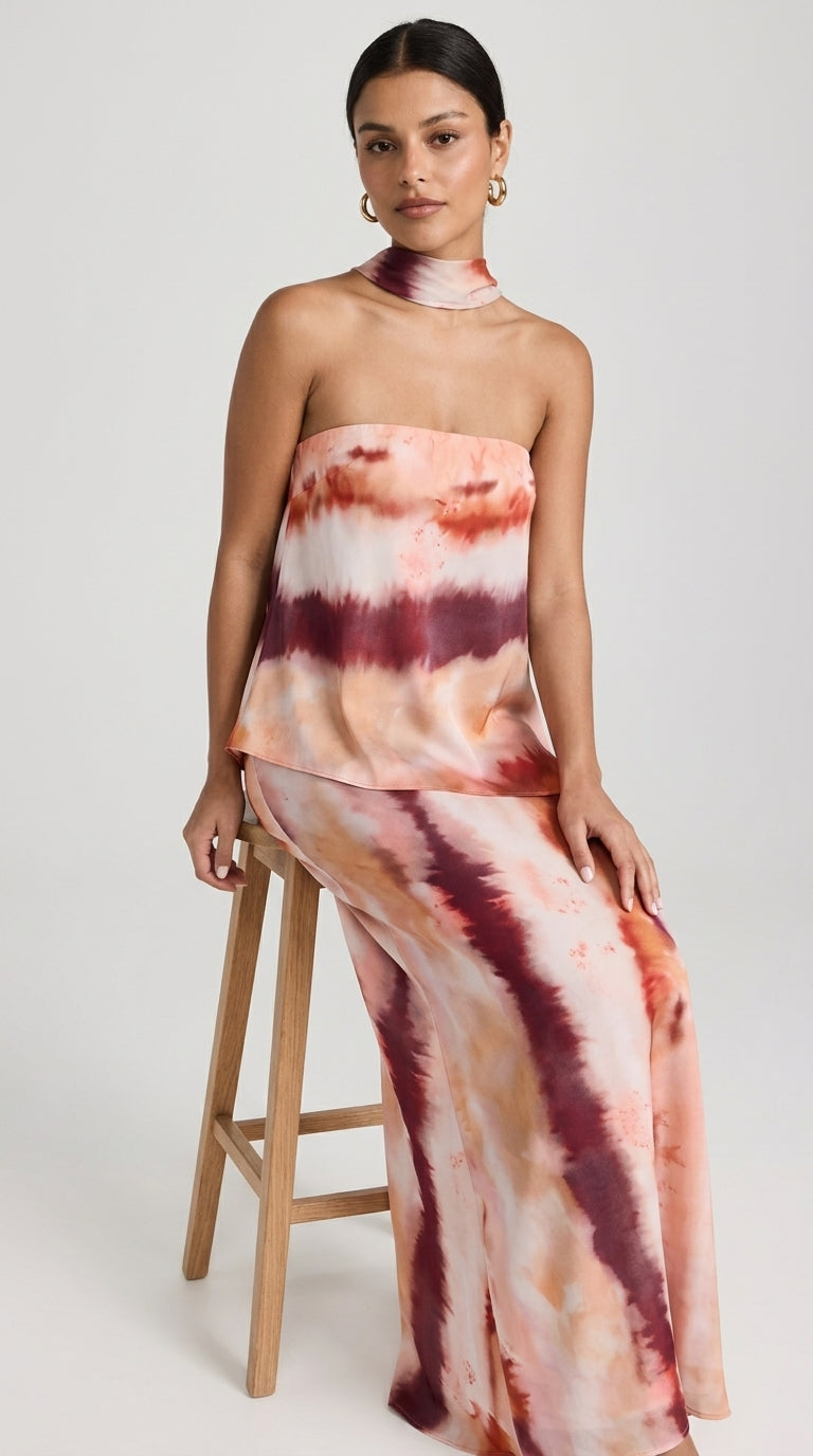 Aitana Dress in Coral - Tie-Dye Strapless Scarf Maxi Dress