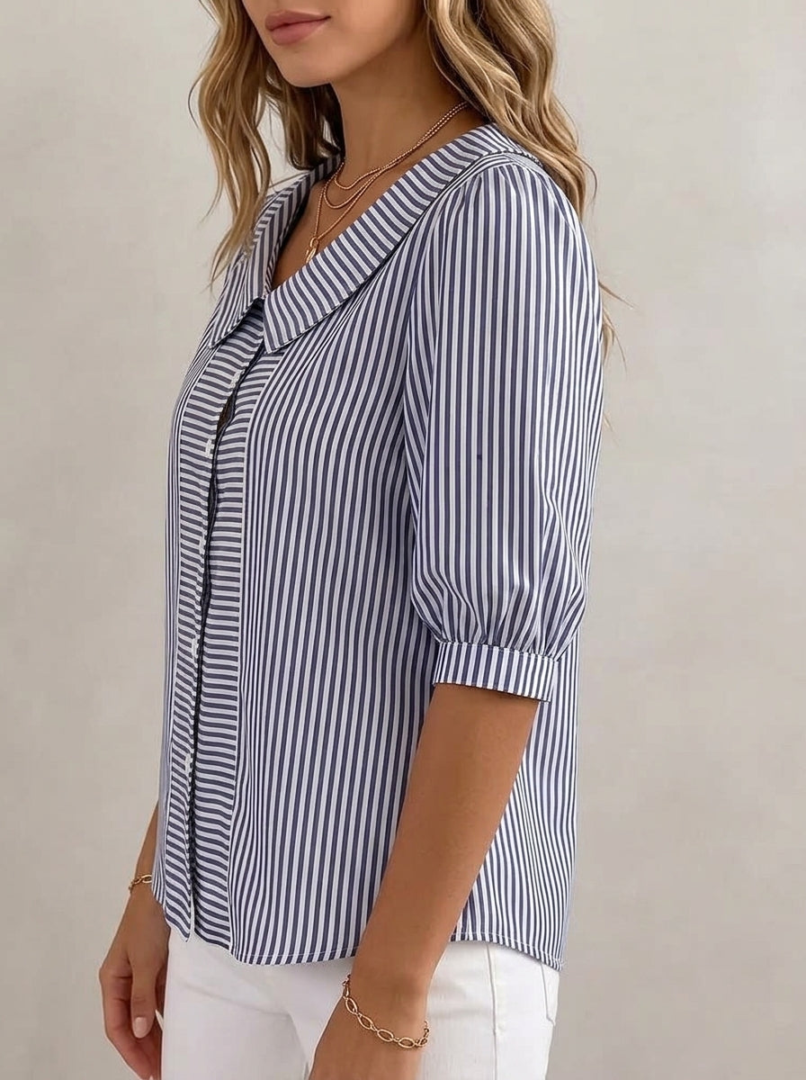 Striped Peter Pan Collar Blouse - Retro Cotton Linen Button-Front Top