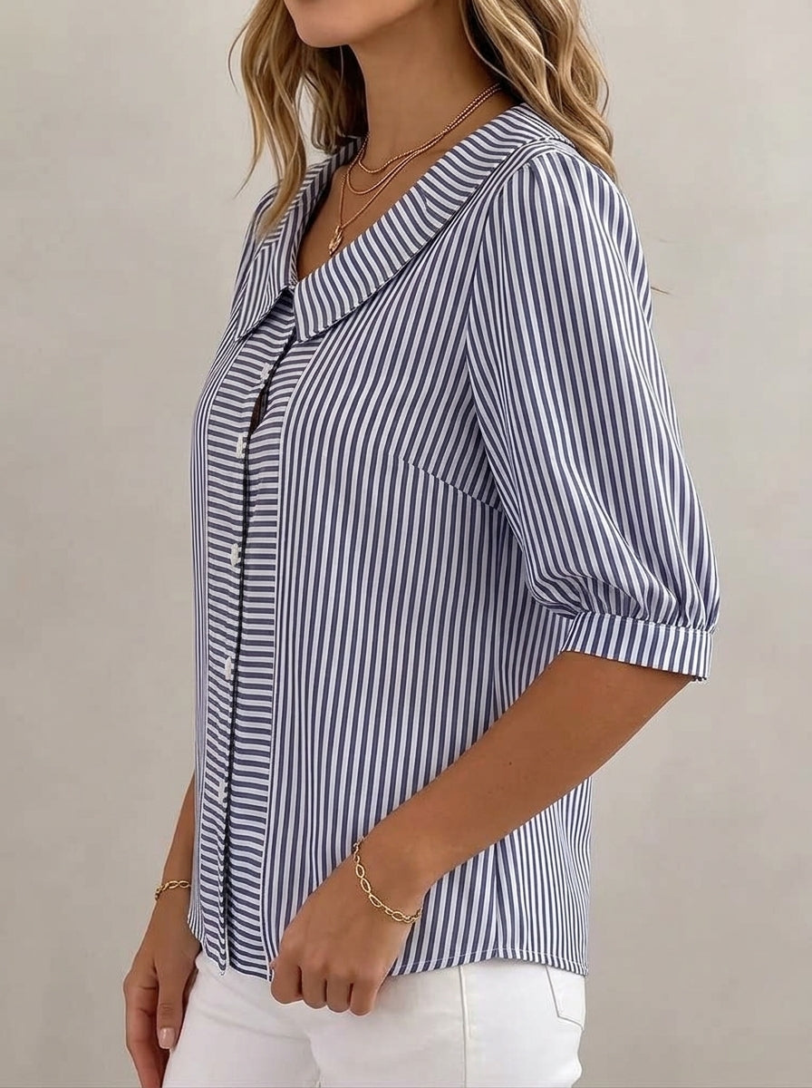 Striped Peter Pan Collar Blouse - Retro Cotton Linen Button-Front Top