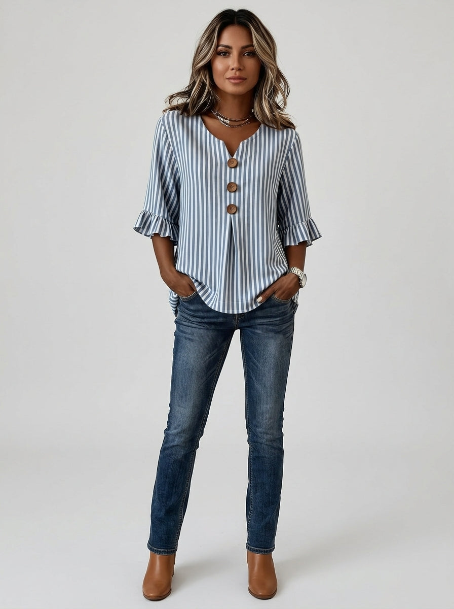 Blue Striped Blouse - Wood Button Ruffle Sleeve V-Neck Casual Top