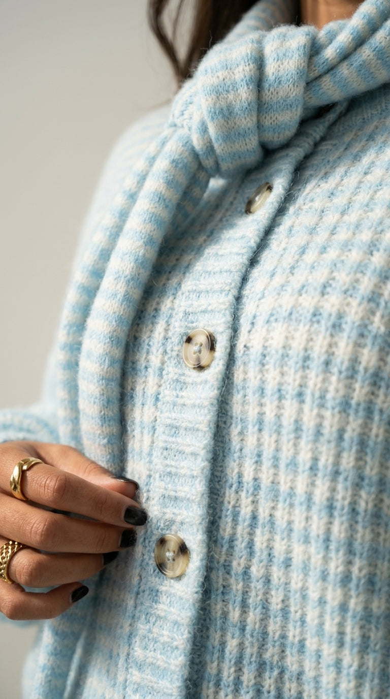 Jennifer Cardigan in Light Blue with Matching Scarf - Striped Knit