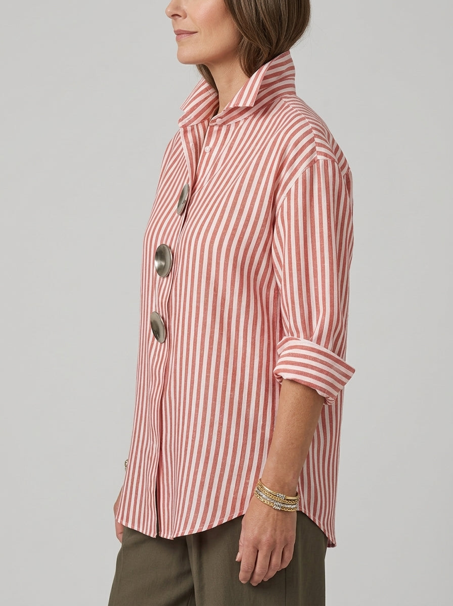 Elegant Cotton Linen Striped Shirt - Red White Metal Button Long Sleeve Top