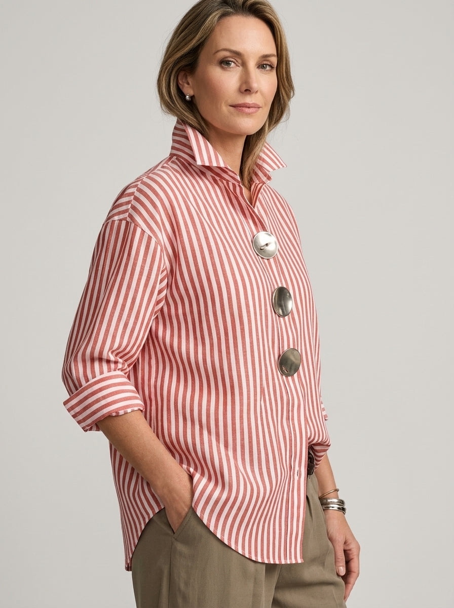 Elegant Cotton Linen Striped Shirt - Red White Metal Button Long Sleeve Top