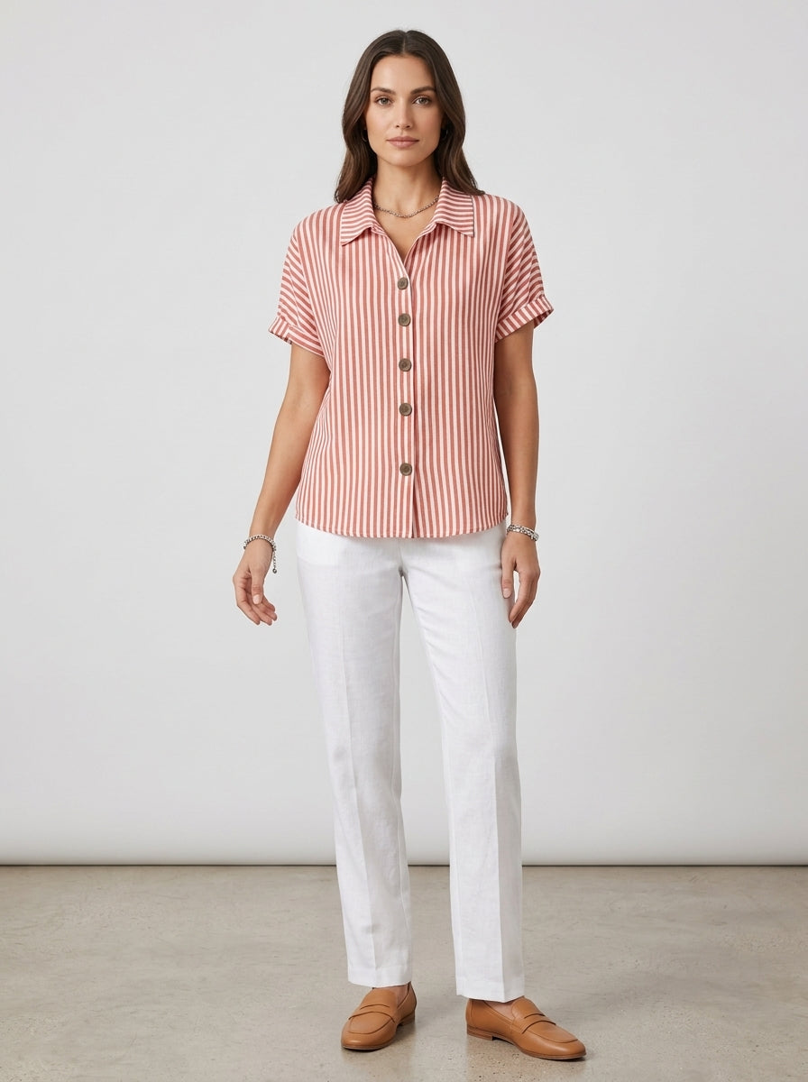 Classic Cotton Striped Button-Up Shirt - Red White Short Sleeve Top