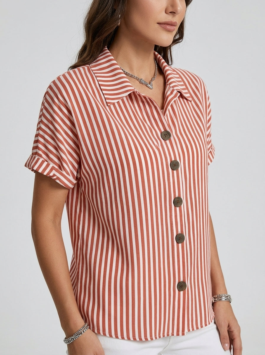 Classic Cotton Striped Button-Up Shirt - Red White Short Sleeve Top