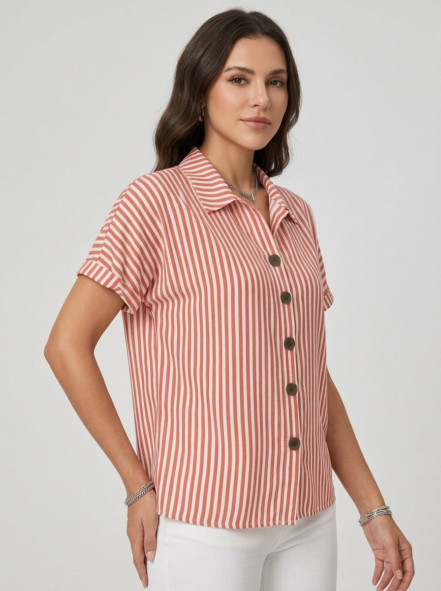 Classic Cotton Striped Button-Up Shirt - Red White Short Sleeve Top