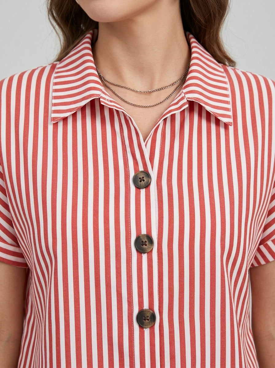 Classic Cotton Striped Button-Up Shirt - Red White Short Sleeve Top