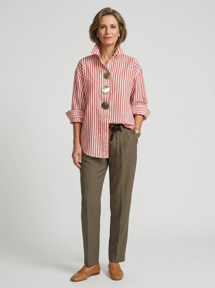 Elegant Cotton Linen Striped Shirt - Red White Metal Button Long Sleeve Top