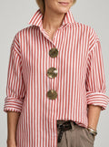 Elegant Cotton Linen Striped Shirt - Red White Metal Button Long Sleeve Top