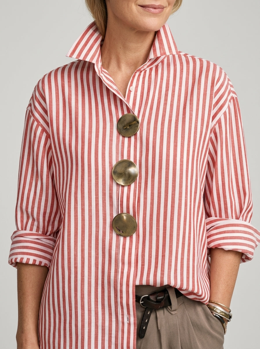 Elegant Cotton Linen Striped Shirt - Red White Metal Button Long Sleeve Top
