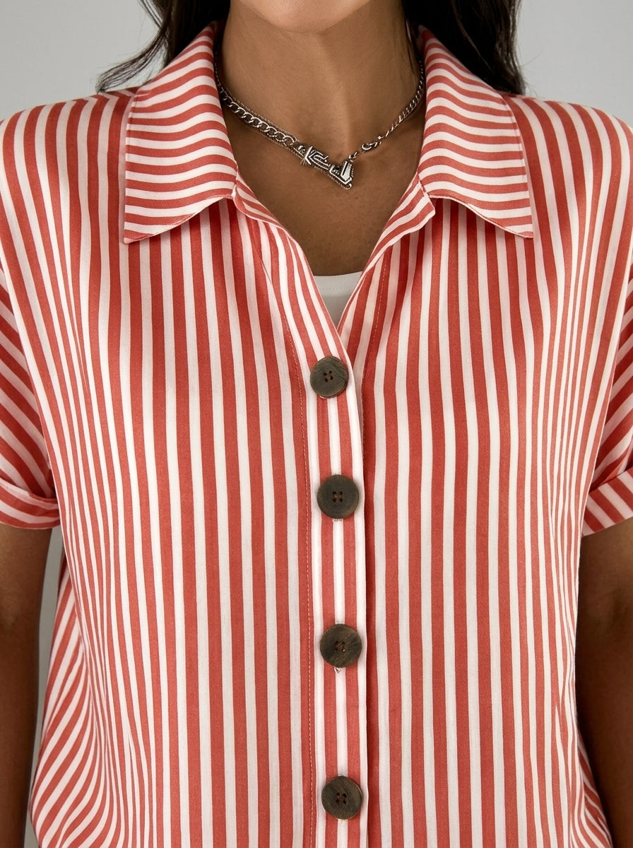 Classic Cotton Striped Button-Up Shirt - Red White Short Sleeve Top