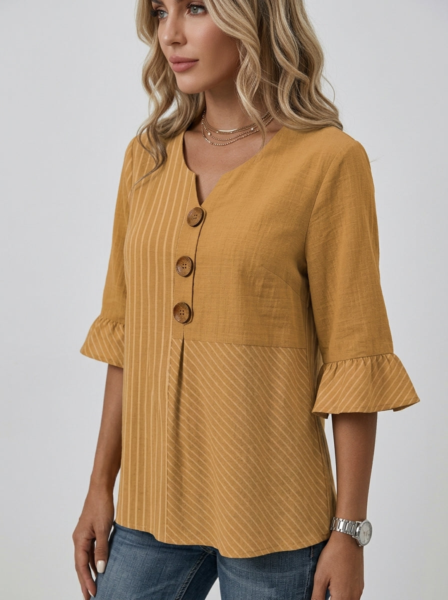 Two-Tone Striped Bell Sleeve Top - Button Front V-Neck Blouse