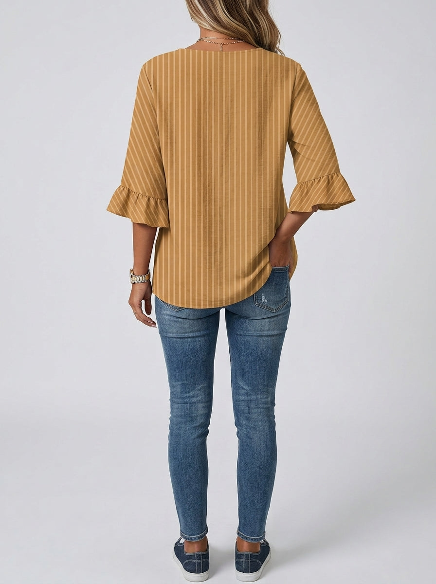 Two-Tone Striped Bell Sleeve Top - Button Front V-Neck Blouse