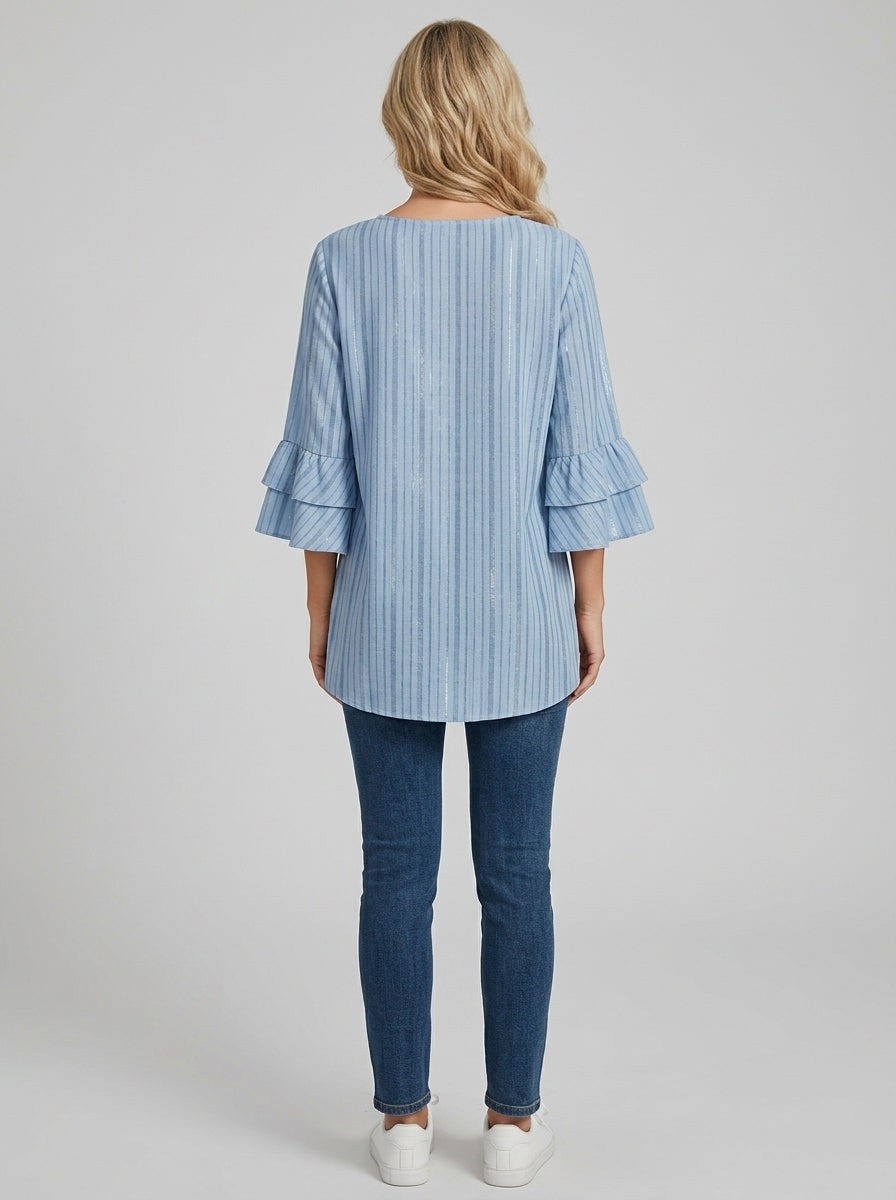 Striped Bell Sleeve Top - Button Front V-Neck Blouse