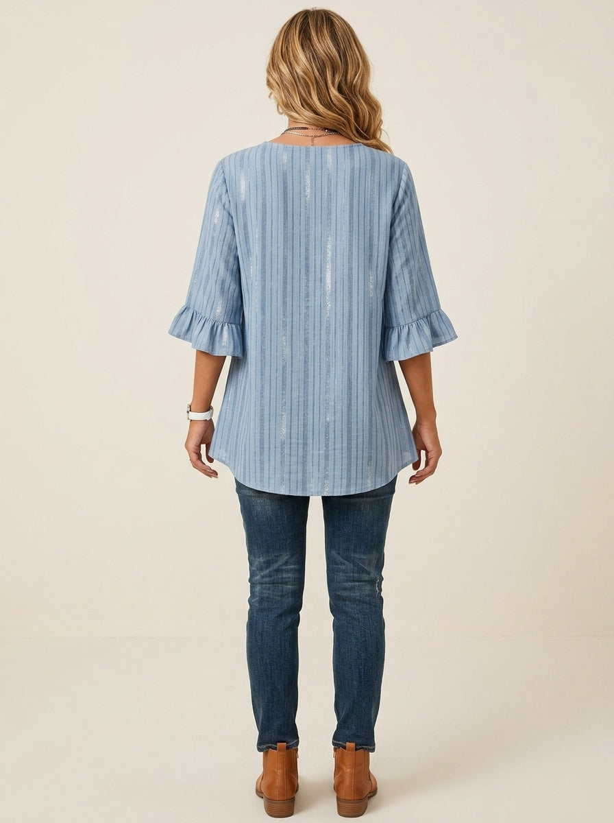 Striped Bell Sleeve Top - Button Front V-Neck Blouse