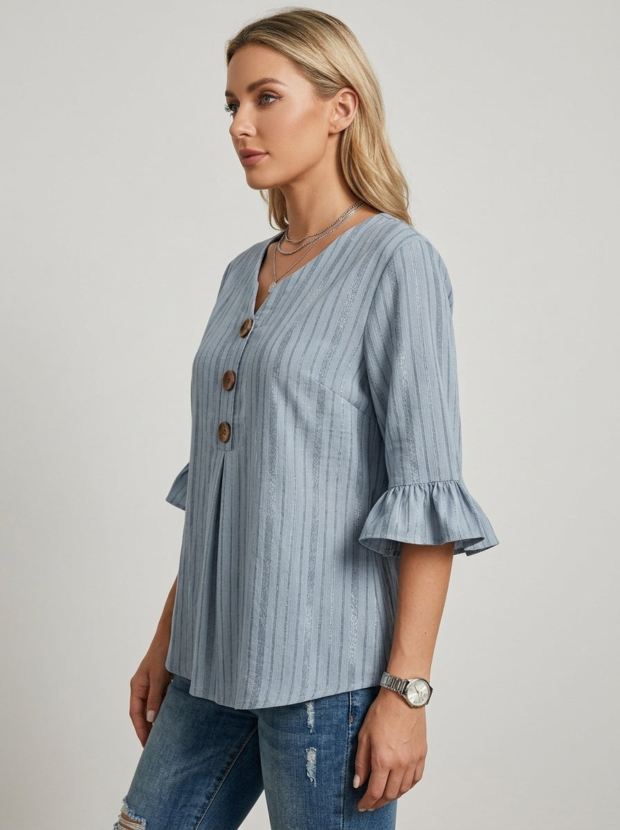 Striped Bell Sleeve Top - Button Front V-Neck Blouse