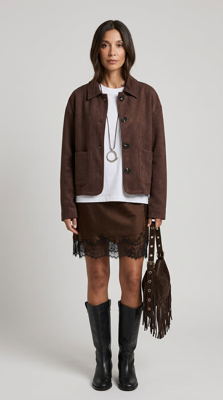 Dark Chocolate Suede Jacket - Button-Up Faux Suede Shirt Jacket