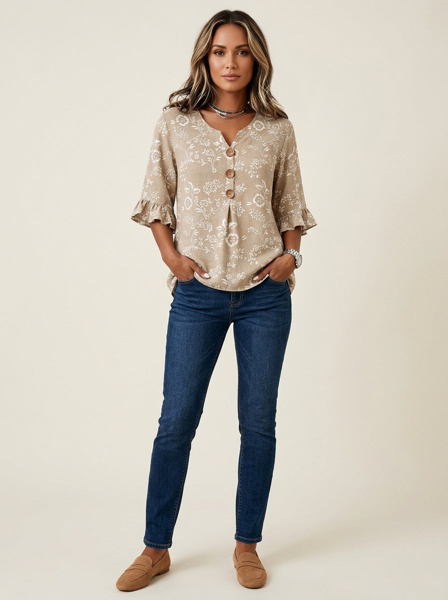 Taupe Floral Print Blouse - Wood Button Ruffle Sleeve V-Neck Top