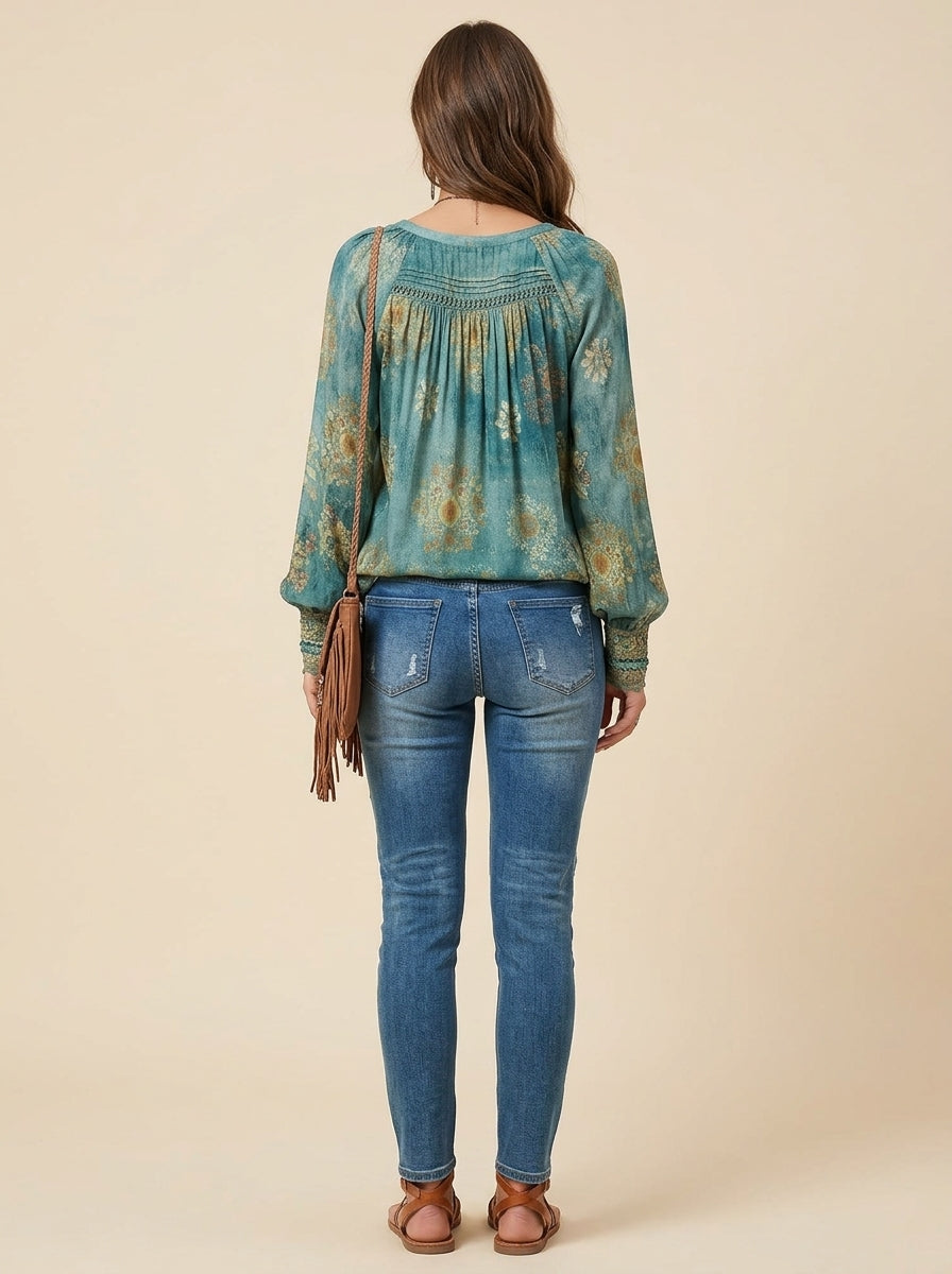 Bohemian Ethnic Floral Print Cotton Blouse - Teal V-Neck Tasseled Long Sleeve Top