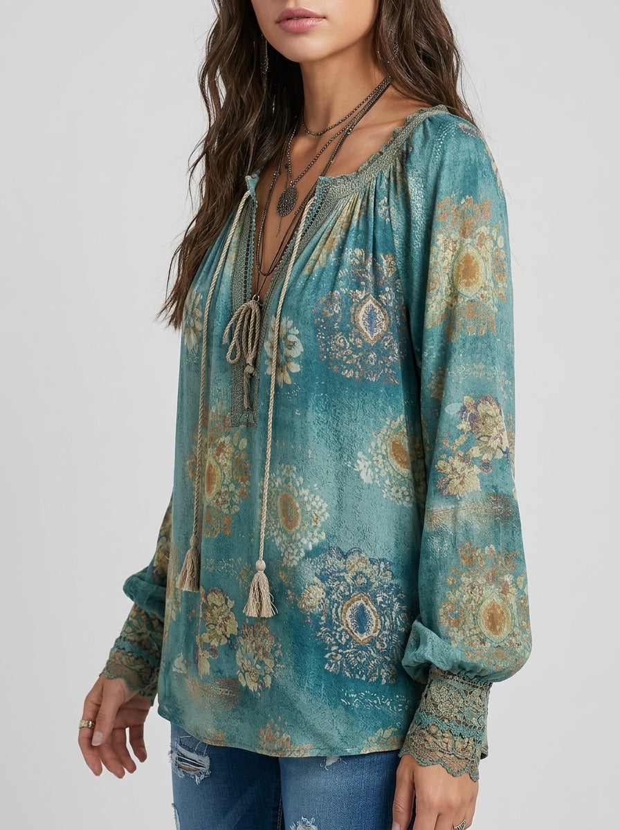 Bohemian Ethnic Floral Print Cotton Blouse - Teal V-Neck Tasseled Long Sleeve Top