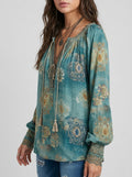 Bohemian Ethnic Floral Print Cotton Blouse - Teal V-Neck Tasseled Long Sleeve Top