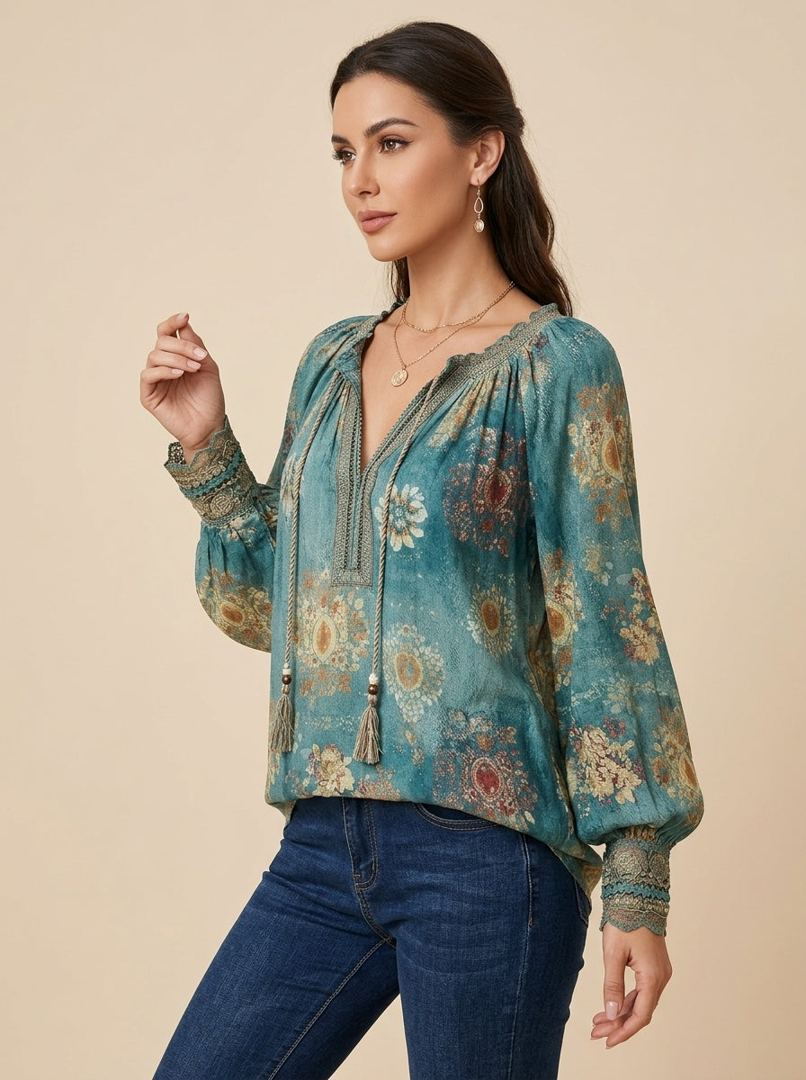 Bohemian Ethnic Floral Print Cotton Blouse - Teal V-Neck Tasseled Long Sleeve Top