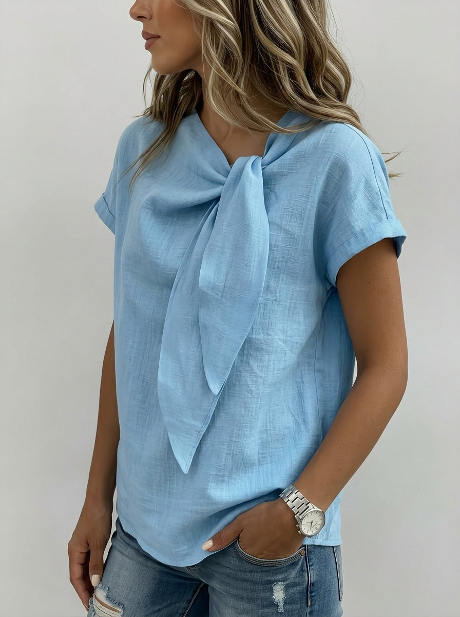 Casual Linen Cotton Tie-Neck Blouse in Light Blue - Short Sleeve Draped Bow Top