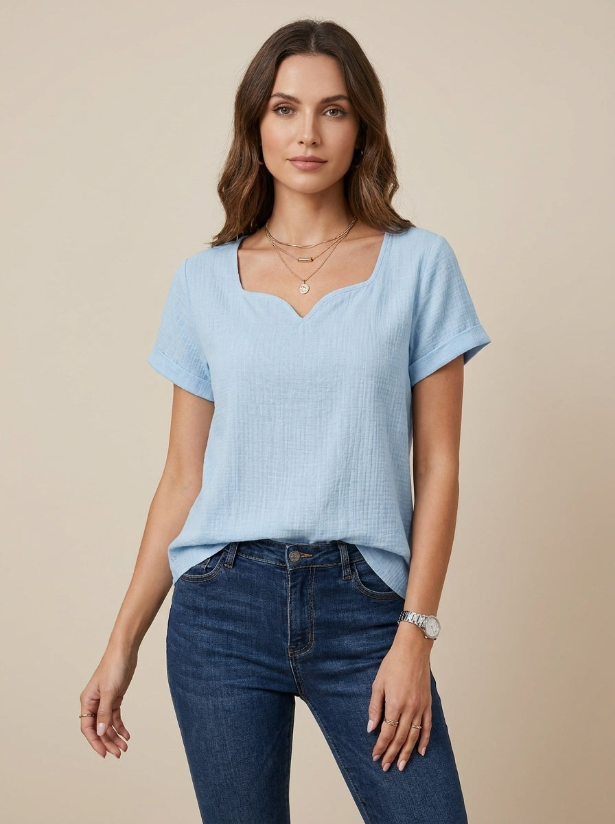 Sweetheart Neckline Short Sleeve Top - Solid Color Casual Blouse