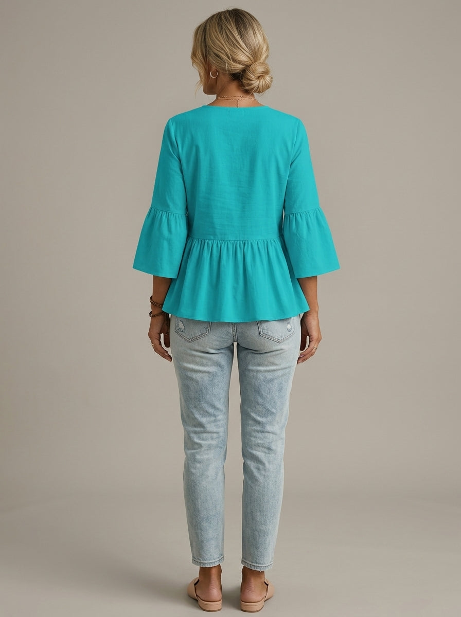 Casual Relaxed V-Neck Peplum Top in Turquoise - Bell Sleeve Single-Button Blouse