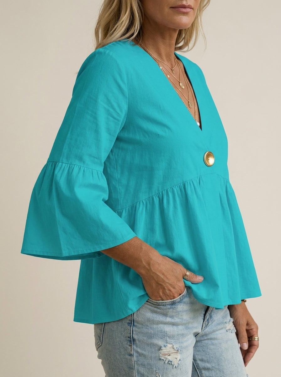 Casual Relaxed V-Neck Peplum Top in Turquoise - Bell Sleeve Single-Button Blouse